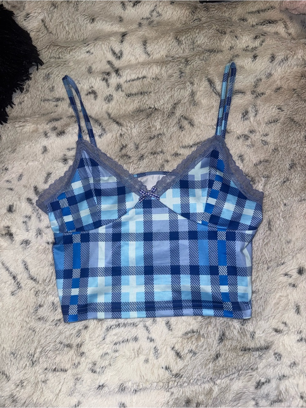 Y2k early 2000s plaid gingham blue and white top with lace lining and bow